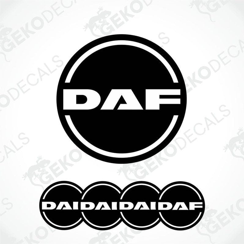 A set of black vinyl decals with the DAF logo, designed for use on vehicle wheels.