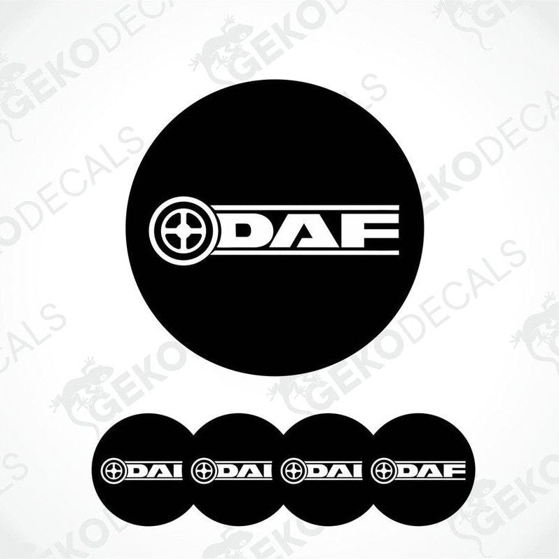 A set of four black vinyl stickers with the DAF logo, designed for use as wheel covers.