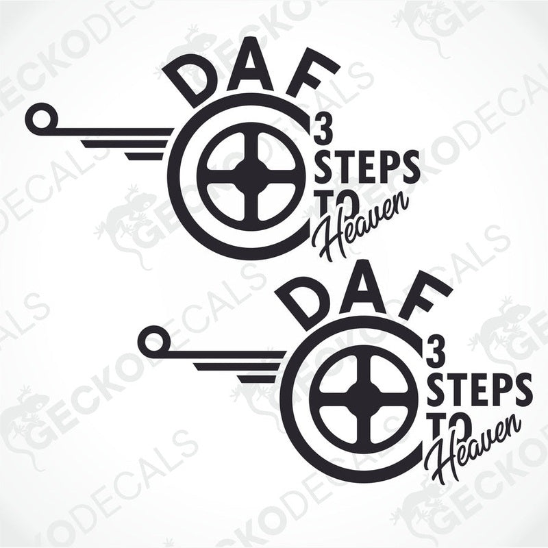 Two black and white vehicle decals featuring the text 'DAF 3 Steps to Heaven' with a wheel design.