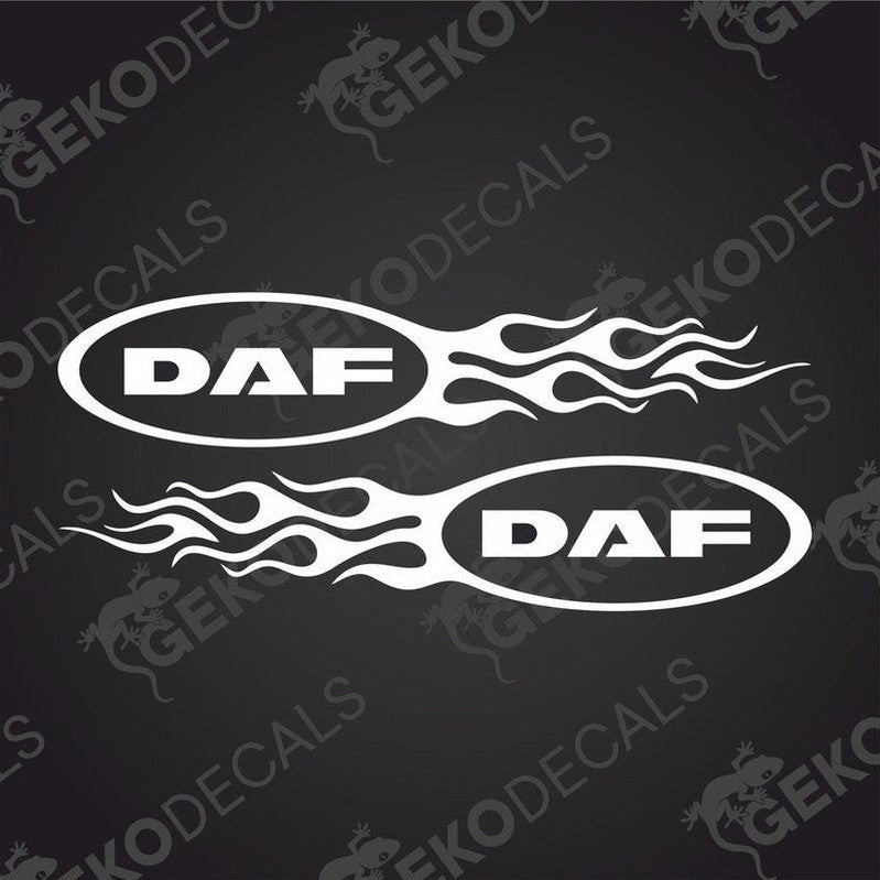 A pair of white flame-shaped decals with the brand name 'DAF' in the center, delivered on transfer paper.