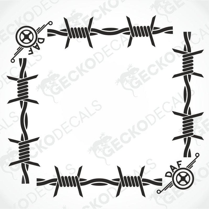A die cut sticker with barbed wire design and DAF logo, intended for use as a vehicle side window decal.