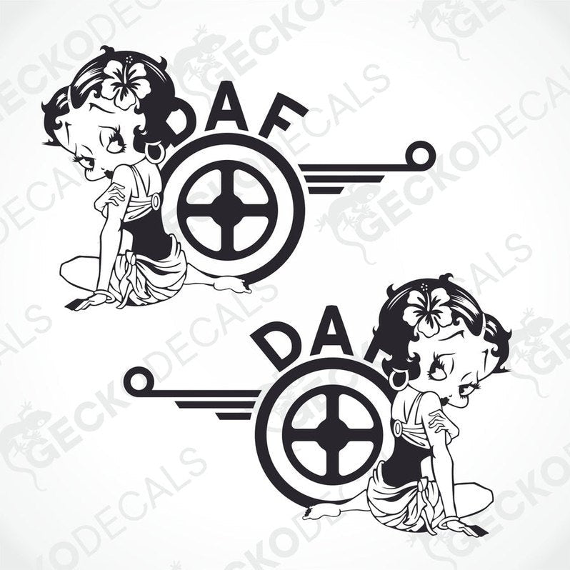 A set of two die-cut stickers featuring an animated character with the DAF truck logo.