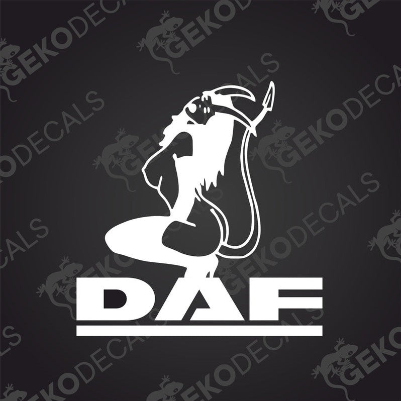 A die cut sticker depicting a stylized character with the letters 'DAF' in bold. The sticker is designed for use on vehicles or other surfaces.