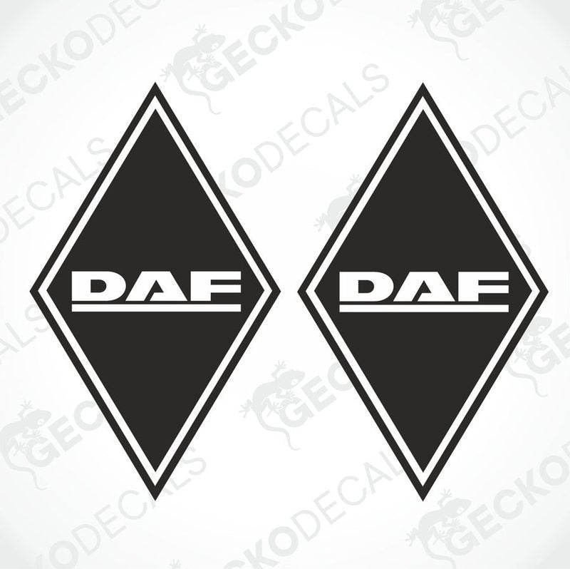 Two black and white diamond-shaped stickers with the DAF logo