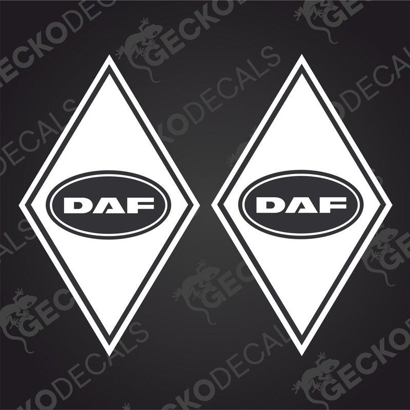 Two white diamond-shaped stickers with the DAF logo in the center, intended for vehicle decal use.
