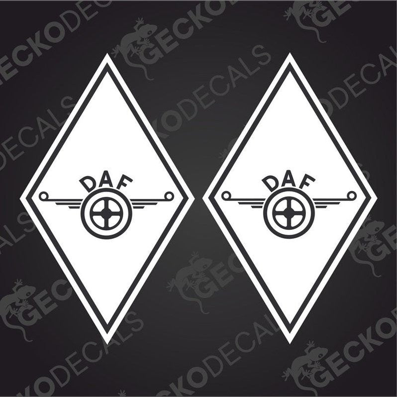 Two black and white geometric shaped stickers with the letters DAF and diamond graphics.
