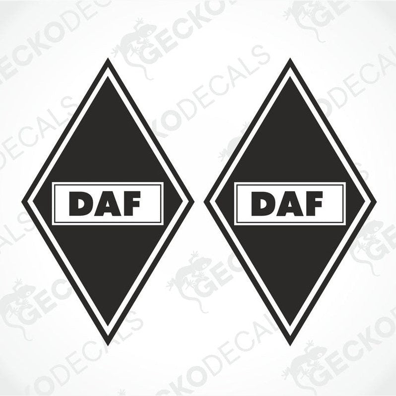 Two black and white diamond-shaped stickers with 'DAF' written in the center, intended for vehicle decal use.