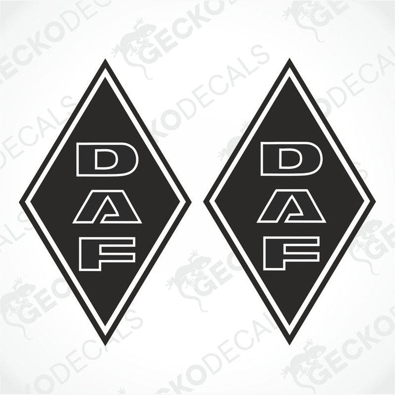 Two black and white diamond-shaped decals with the letters 'DAF' in the center, placed against a white background with a GeckoDecals watermark.
