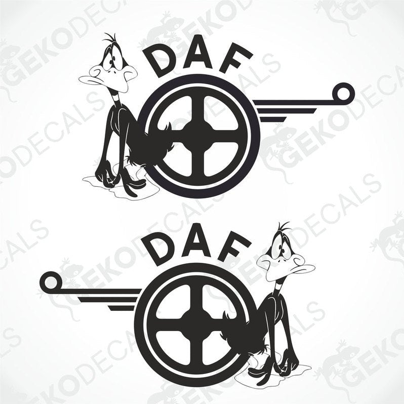 Two black and white vehicle decals featuring an cartoon duck design with the letters 'DAF' and a wheel.
