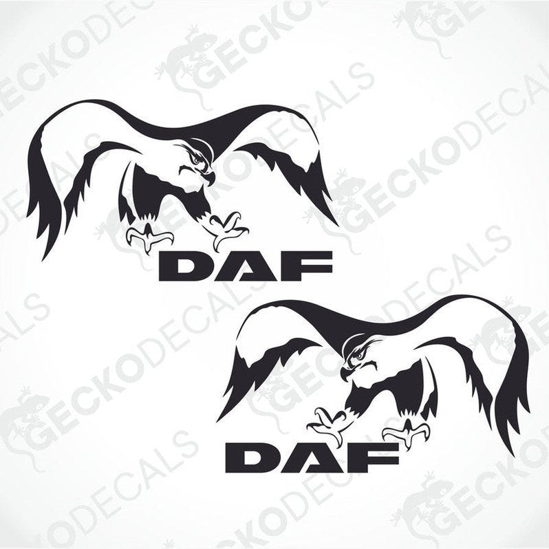 Two black and white stickers of an eagle with the DAF logo.