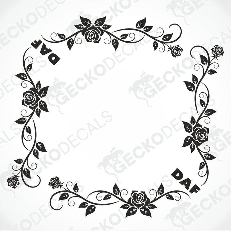 A set of black and white floral side window decals with the text 'DAF' in the center.