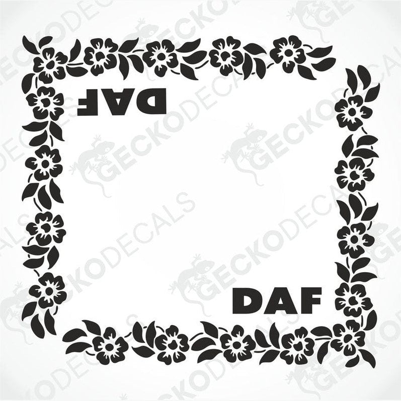 A black and white image of a die-cut decal with floral patterns and the text 'DAF' in the center, designed for use on truck side windows.