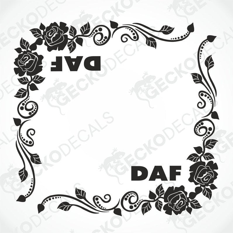 A black and white image of a die cut floral side window decal with the letters 'DAF' incorporated into the design.