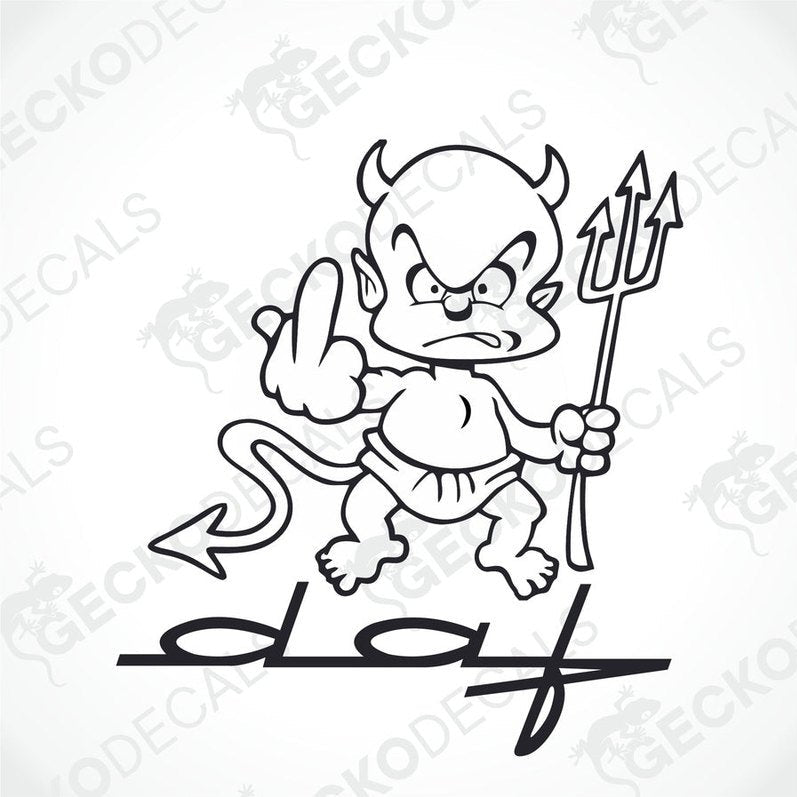 A black and white sticker of a cartoonish devil character with a pitchfork and the finger gesture 'DAF'.