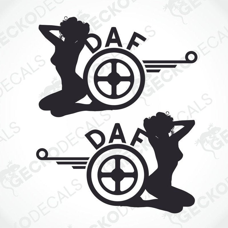 Two black and white die cut stickers with a design of a girl sitting next to a truck wheel, and the word 'DAF' prominently displayed.