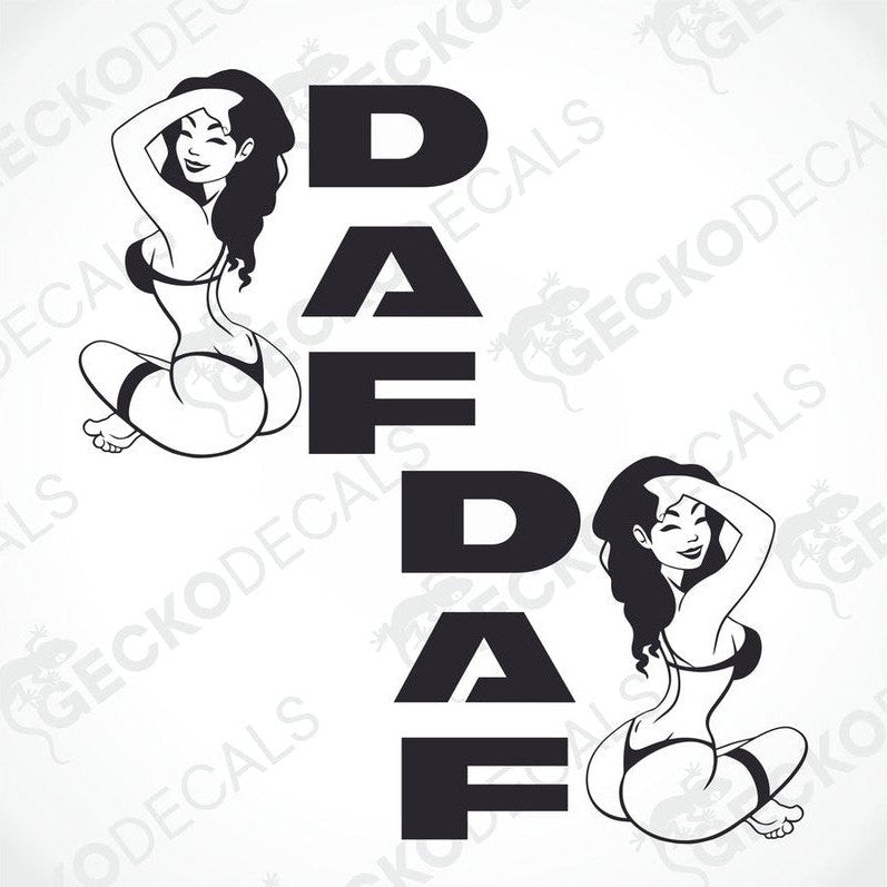 A set of two black die cut decals, one with the text 'DAF' and a female figure on the left and the other with the same text 'DAF' and a female figure on the right.