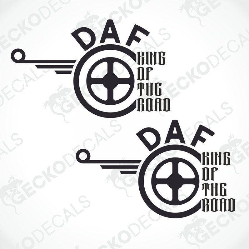 Two black and white die cut decals with the text 'DAF KING OF THE ROAD' and a wheel design