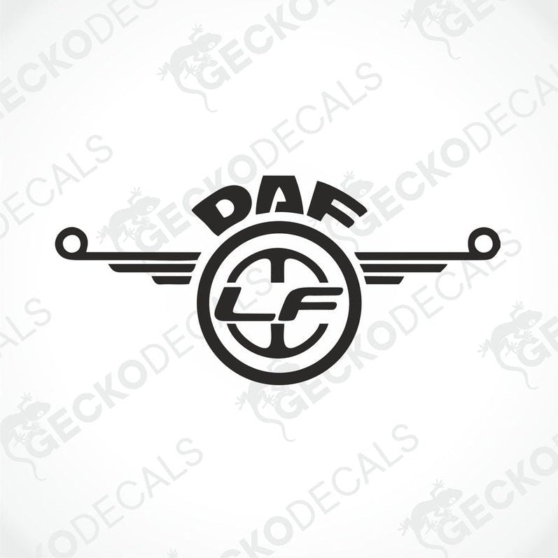 A black and white logo of DAF LF, representing a truck decal.