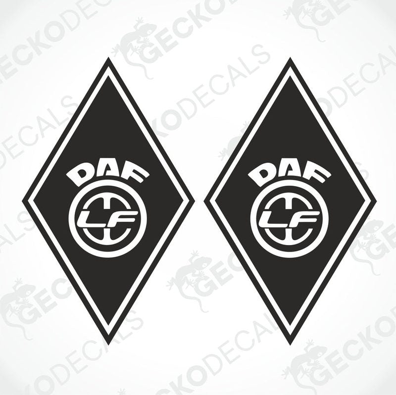Two black and white diamond-shaped car stickers with the DAF LF logo.