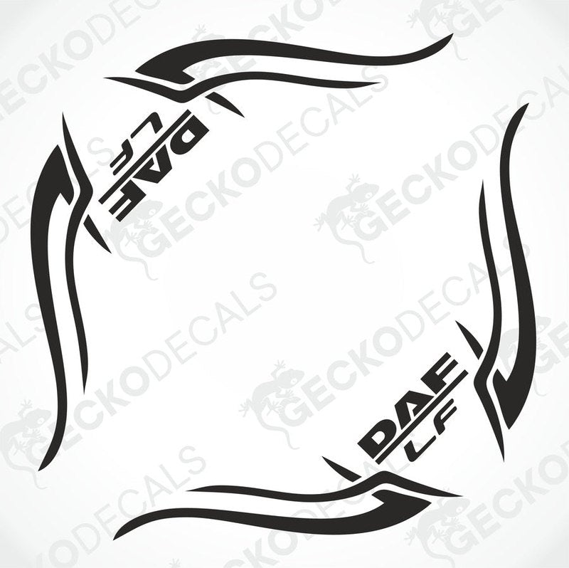 A set of two black tribal style side window decals for DAF LF trucks, with the Gecko Decals logo.