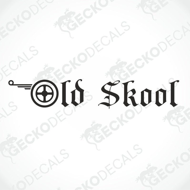 A die cut decal with the text 'Old Skool' displayed on the upper part of a truck's windscreen.