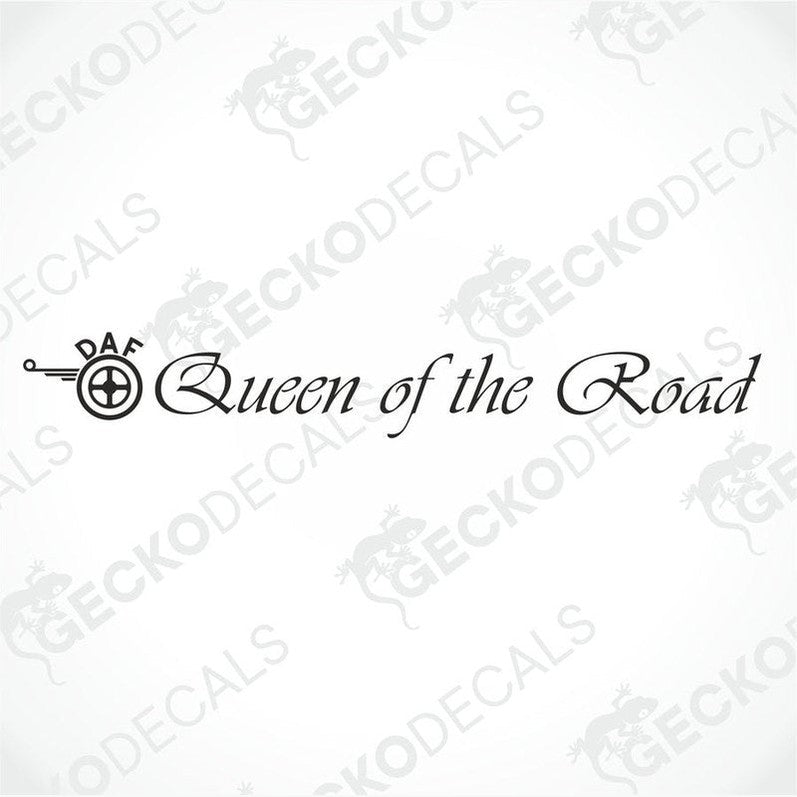 A die cut decal with the phrase 'Queen of the Road' positioned on the windshield of a gray truck.