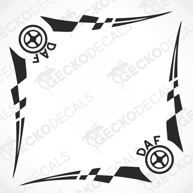 A set of black and white geometric patterned decals for DAF side window, designed for both interior and exterior use.