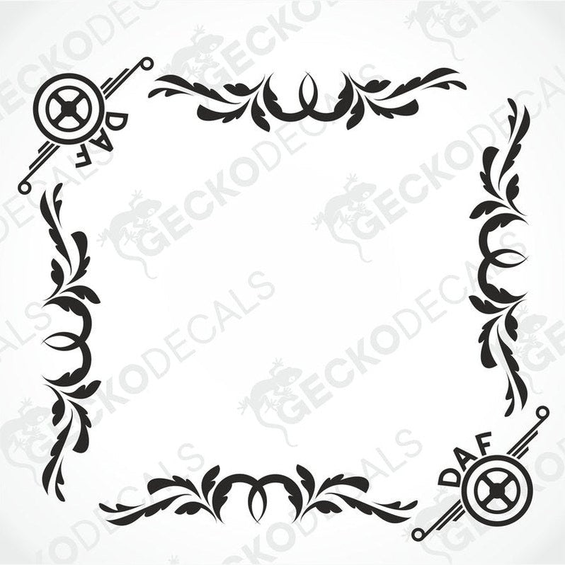 A black and white image of a die cut decal with a floral pattern and the DAF logo, intended for use as a side window decal.