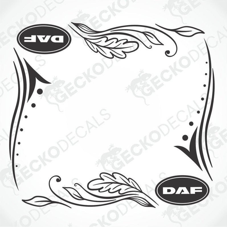 A set of two black and white side window decals for a DAF truck, with decorative floral and geometric patterns.