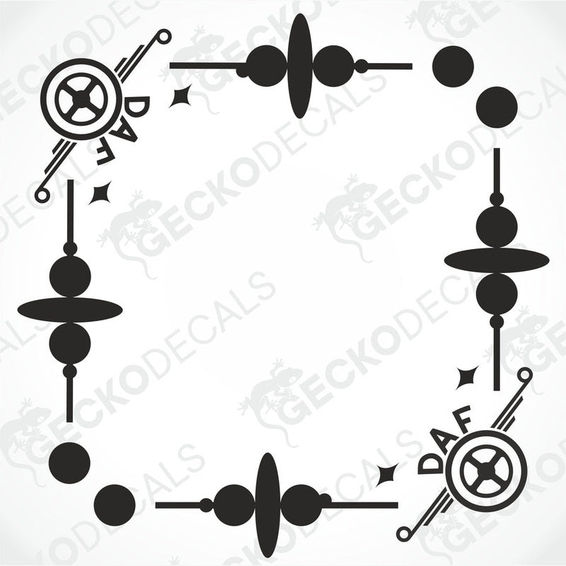 A set of black and white side window decals for a DAF truck, including diagrams of the decal placement.