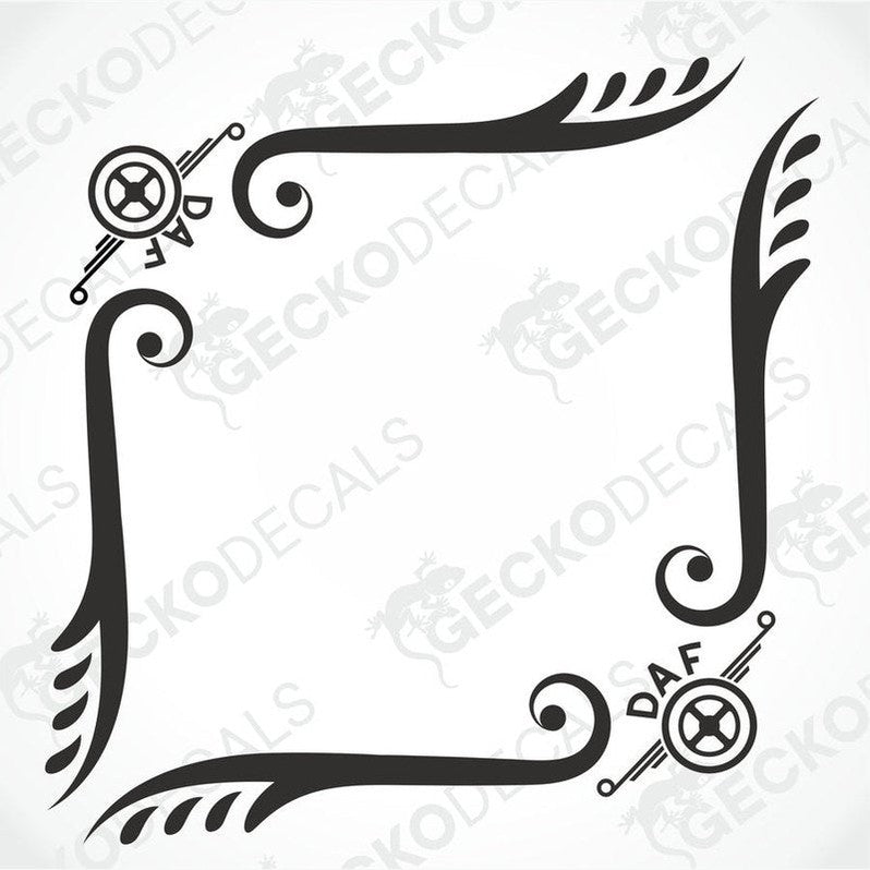 A set of two black and white die cut decals for DAF side window decoration, featuring ornamental designs and the DAF logo.