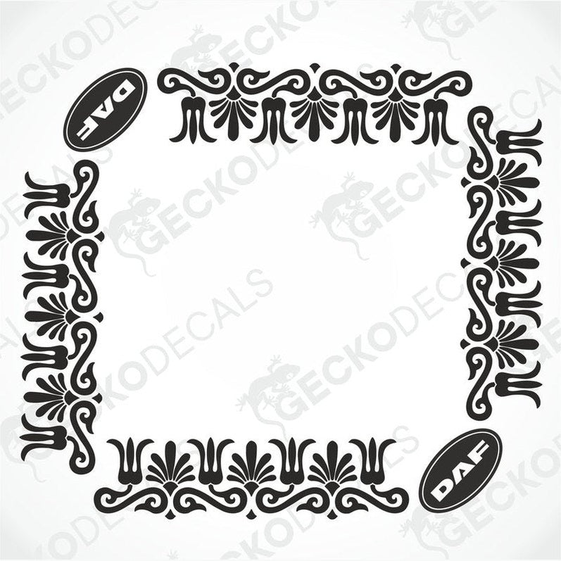 A set of two black decals for DAF side windows, featuring a floral pattern around the border and the DAF logo in the center.