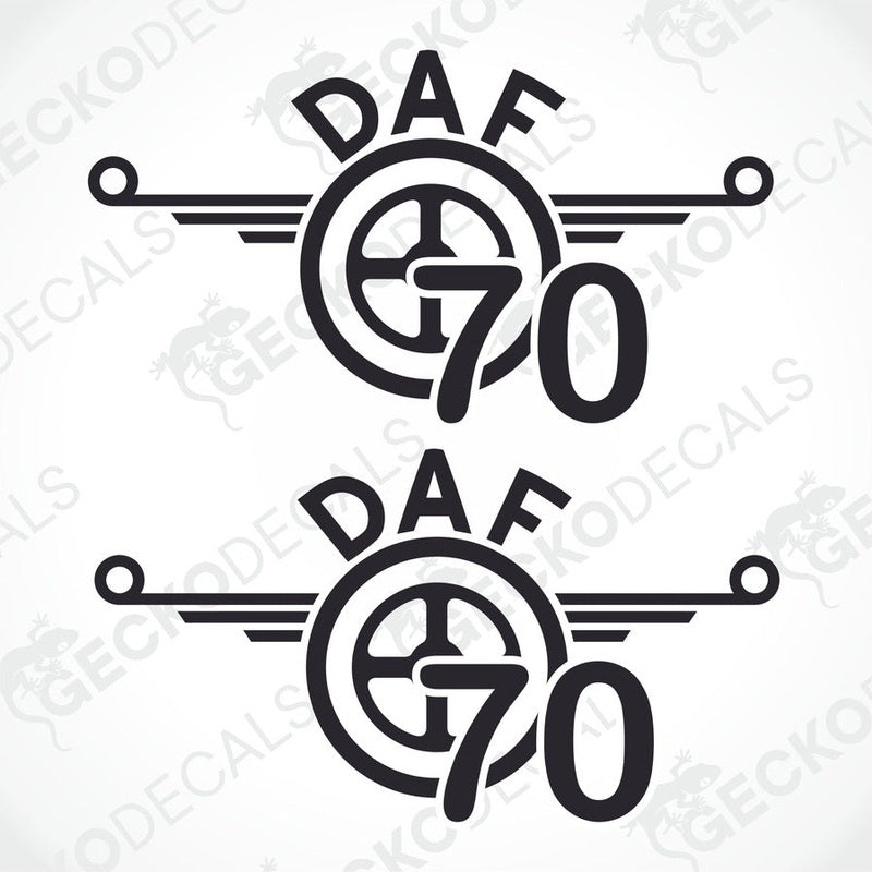 Two black and white die cut decals with the text 'DAF 70' and a graphic of a speedometer dial