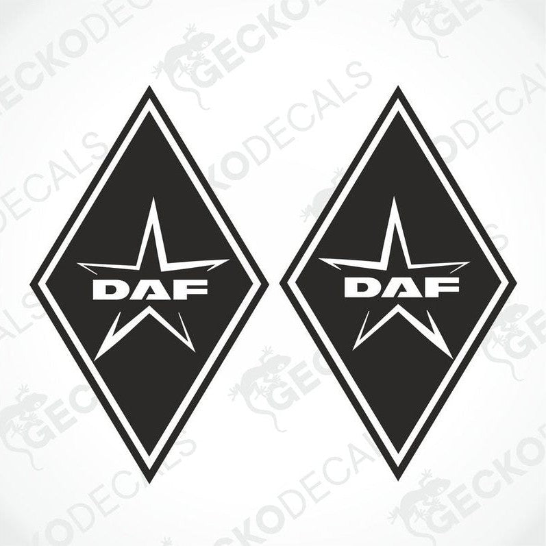 Two black and white diamond-shaped decals with the DAF logo, intended for use on vehicles.