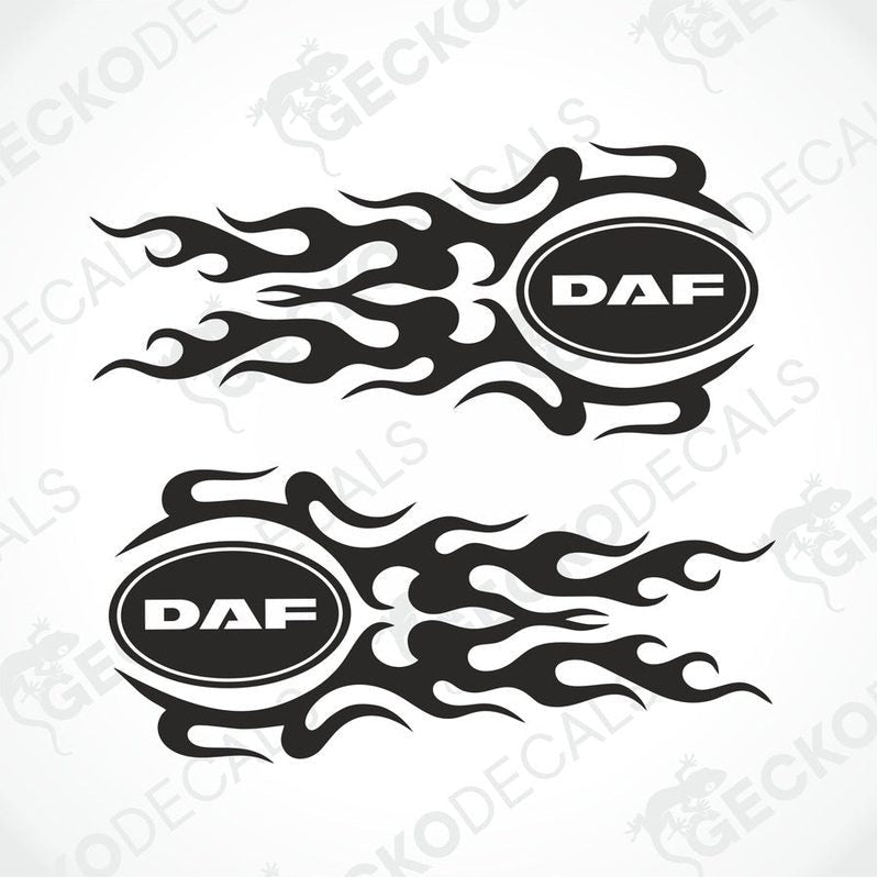 A set of two black decals with a tribal pattern and the DAF logo, designed for use on vehicles.