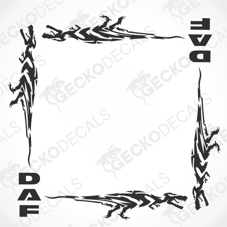 A set of black tribal dinosaur side window decals for a DAF truck, designed to be applied on the exterior surface of the vehicle windows.