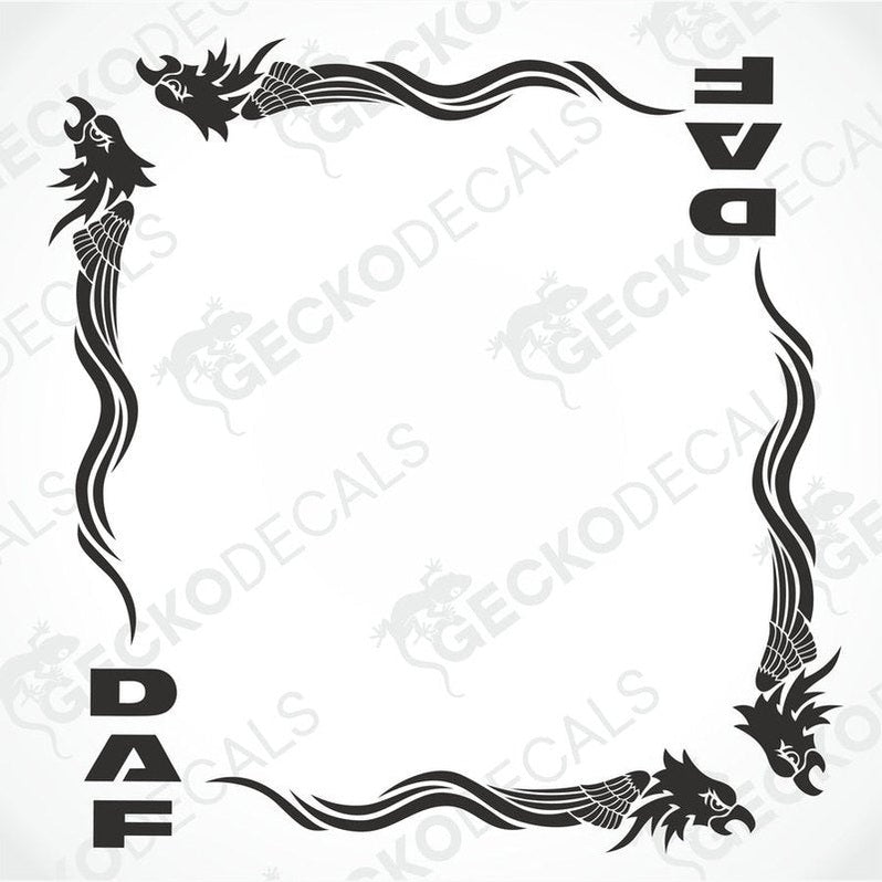 A set of black die cut side window decals for a DAF truck, featuring tribal eagle designs, intended for use on the exterior of a vehicle.