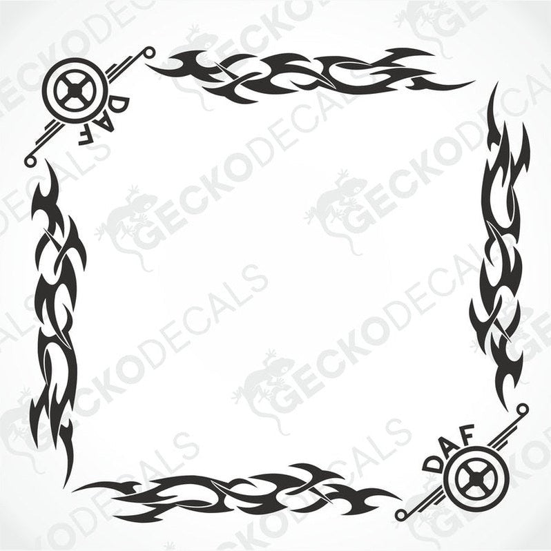 A set of two black and white tribal pattern side window decals for a DAF truck.