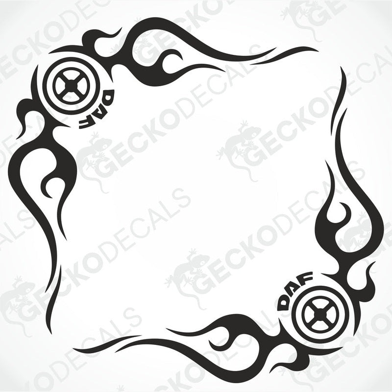A set of two black and white tribal-style decals for side windows, with the brand name 'DAF' visible.