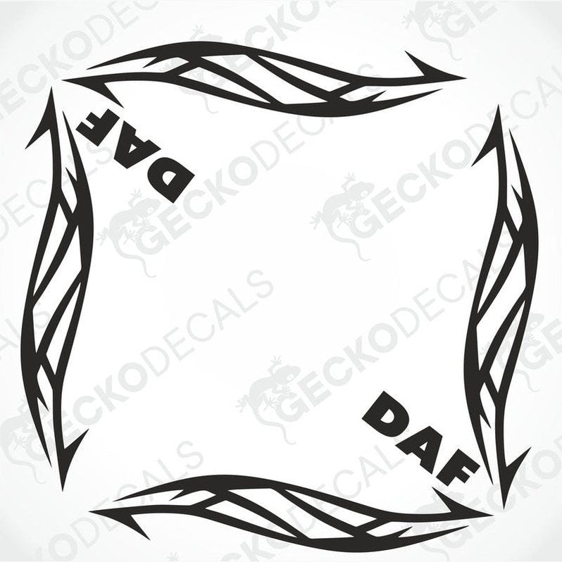 A pair of black tribal pattern side window decals with the text 'DAF' on them.