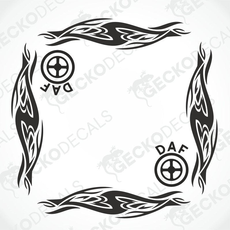DAF tribal side window decals set with flame patterns and logos on transfer paper