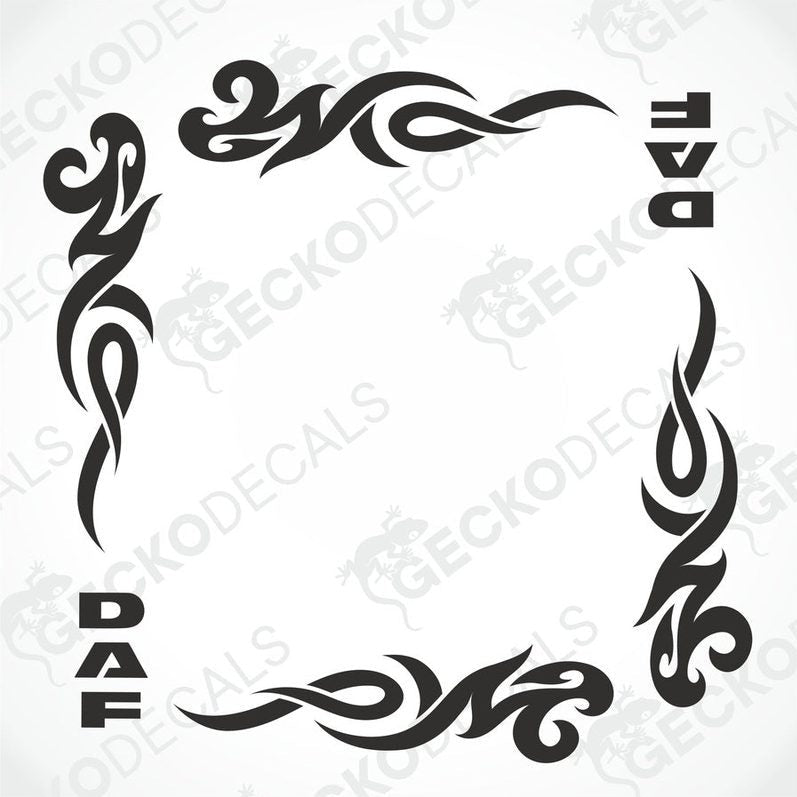 A black and white tribal-style decal for a DAF truck, featuring intricate tribal patterns and the DAF logo.