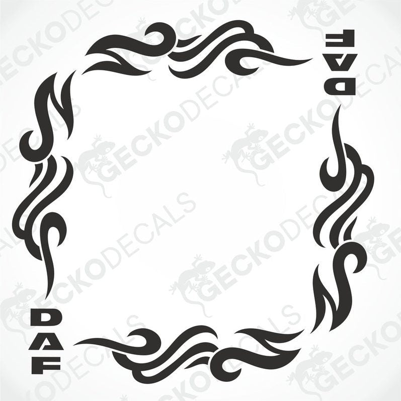 A black and white image of a die-cut tribal pattern decal for a vehicle's side window, featuring the brand name 'DAF'.