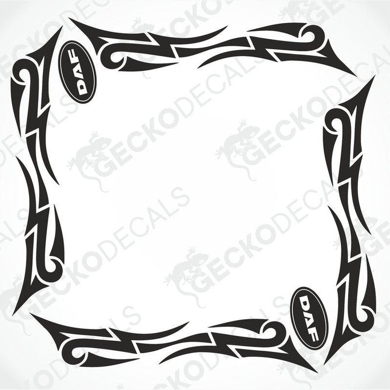 A set of two black and white tribal-style side window decals for a car, with the DAF logo.