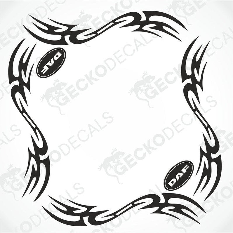 A set of two black and white tribal pattern side window decals for a DAF truck.