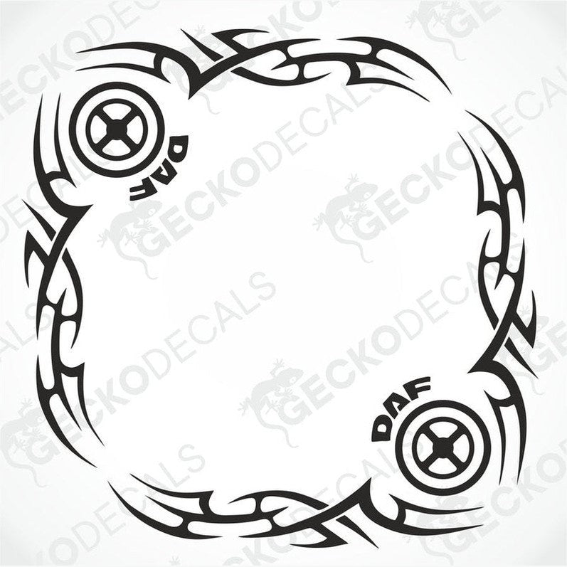 A black and white tribal patterned decal designed for vehicle side windows, featuring the brand name 'DAF'.