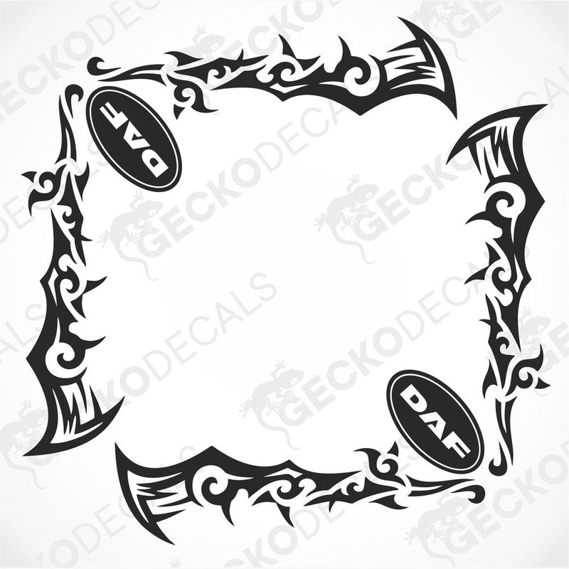 A set of two black tribal patterned side window decals for a DAF truck, displayed against a white background.