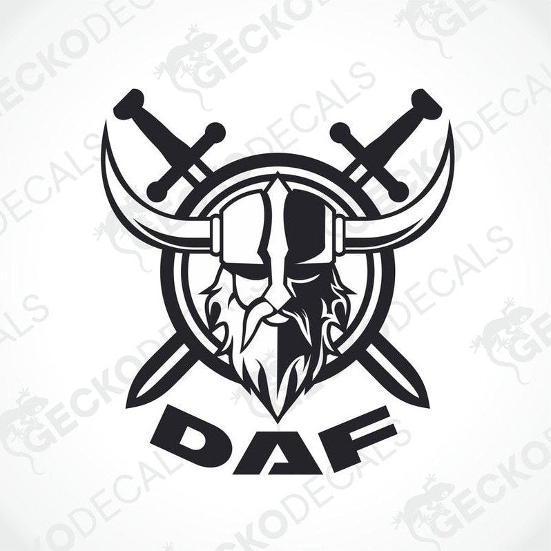 A black and white decal featuring a Viking helmet with horns, crossed swords, and the letters 'DAF' prominently displayed.