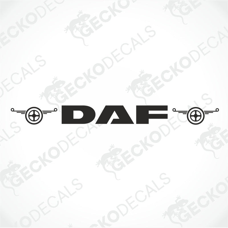 A front view of a DAF truck with a die cut decal on the windscreen.