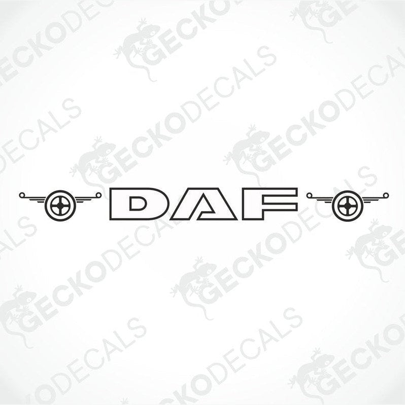A front view of a DAF truck with a die cut decal on the windscreen.